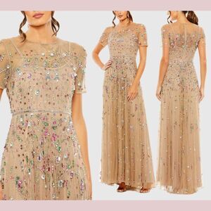 NEW$798 Mac Duggal [ 16 ] 93924 Embellished Sequin Detail‎ A Line Gown Gold